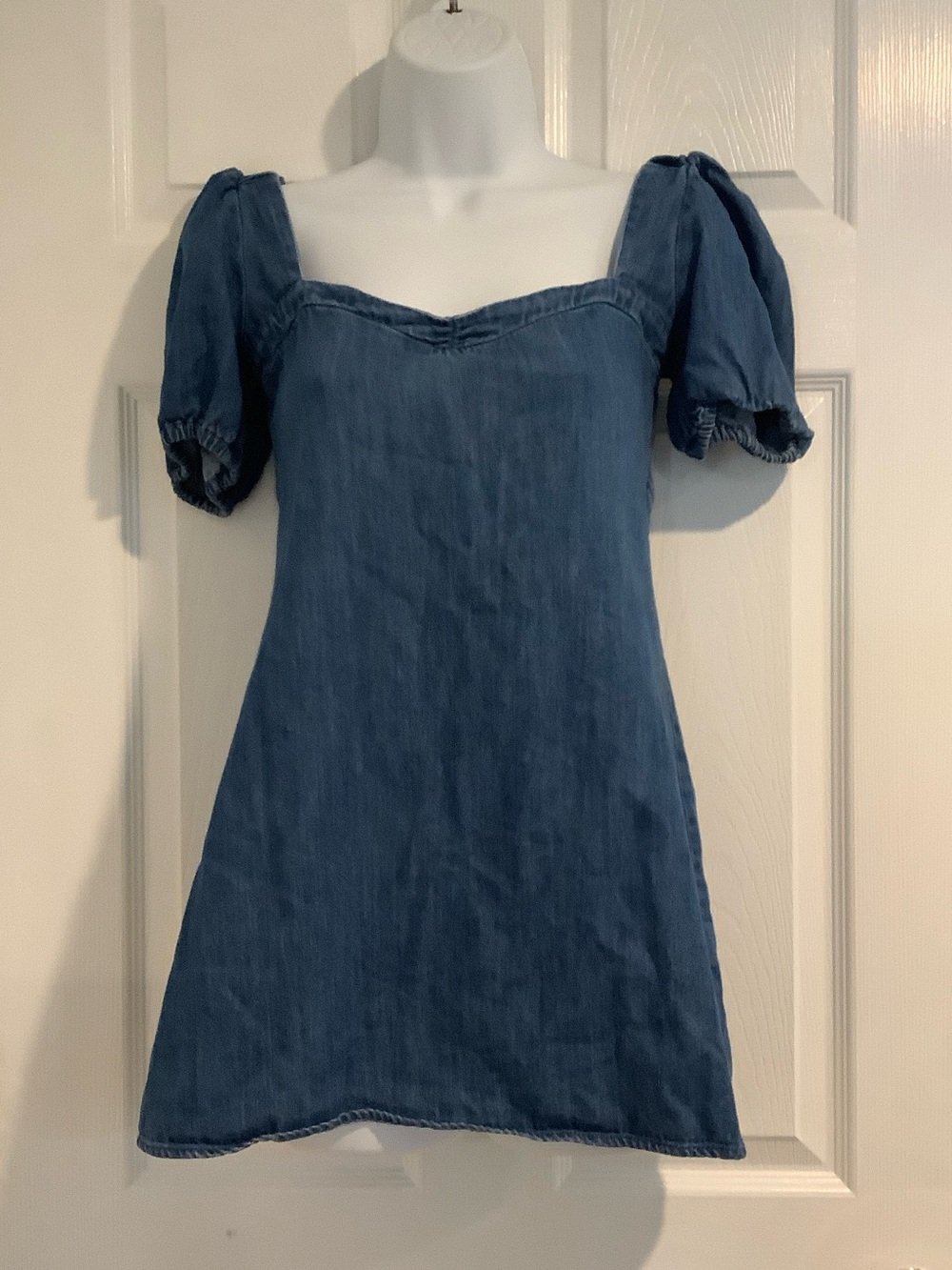 ZARA 100% Cotton Denim Puff Sleeve Coastal Cowgirl Stretch Tie Back Fall Dress